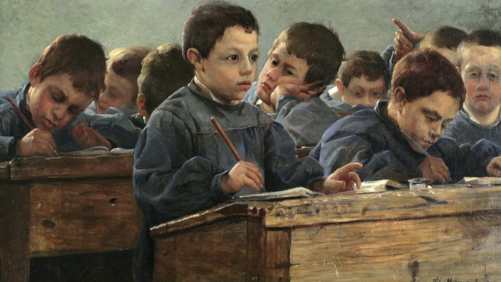 “Na sala de aula” (1886) de Paul Louis Martin des Amoignes, pintor francês nascido no século XIX.